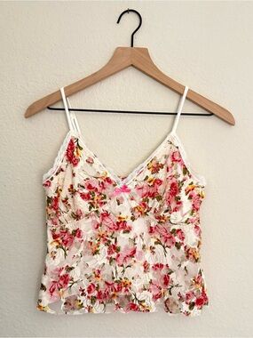 Floral Lace-Trim Camisole Tank Top in White and Pink